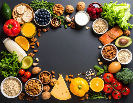 Healthy food clean eating selection: fish, fruits, vegetables, cereals, dairy products on dark background.の素材