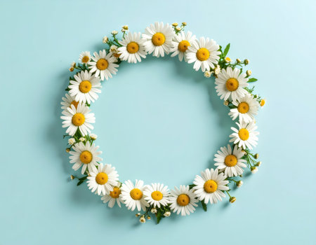 Round frame made of beautiful chamomile flowers on color backgroundの素材
