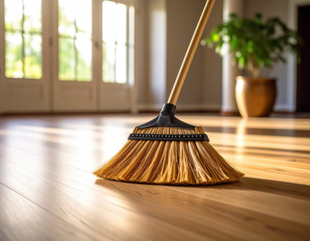 Cleaning the wooden floor with a broom. House cleaning concept.の素材