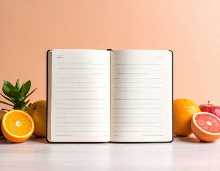 Open notebook with blank pages and citrus fruit on a pastel backgroundの素材