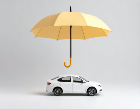 White car with yellow umbrella on gray background. Minimal concept.の素材