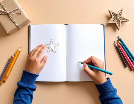 Hand with pencil and blank paper on white wall background, top viewの素材