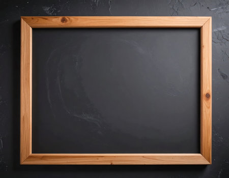 Empty blackboard with wooden frame on wooden table in front of black wallの素材