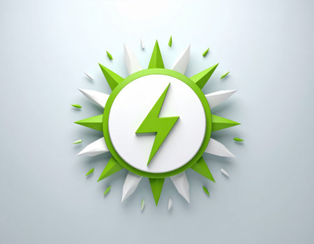 Illustration of a green energy symbol with a lightning bolt on a white backgroundの素材