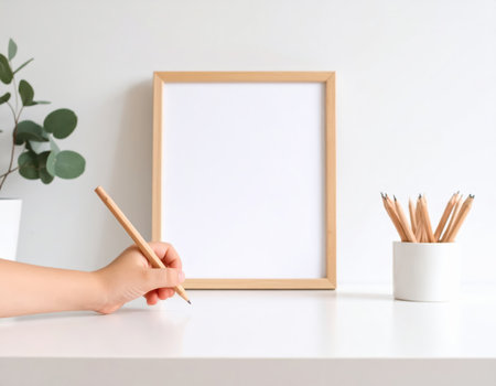 Female hand with pencils and blank picture frame on white table indoorsの素材