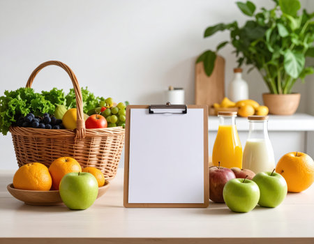 Healthy food and blank paper sheet on wooden table in the kitchenの素材
