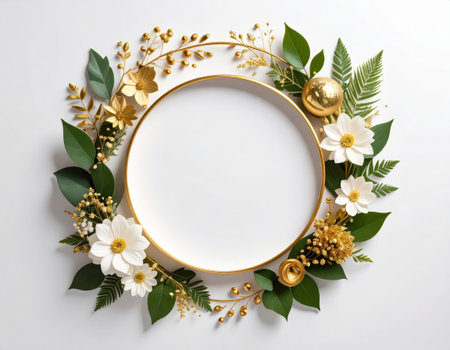 Round frame with white flowers and green leaves on white background, top viewの素材