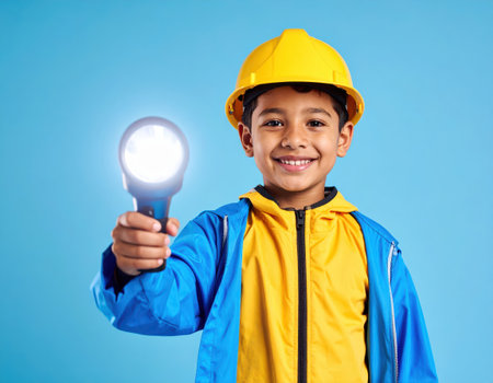 smiling indian boy in construction helmet with flashlight on blue backgroundの素材