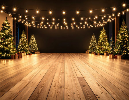 Christmas tree with lights in a room with a wooden floor and a windowの素材