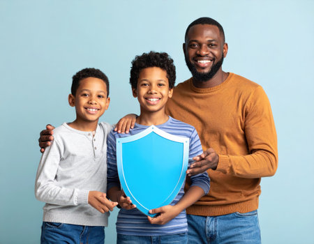 happy african american father and son with shield on blue backgroundの素材