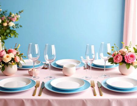 Elegant table setting with flowers, plates and cutleryの素材