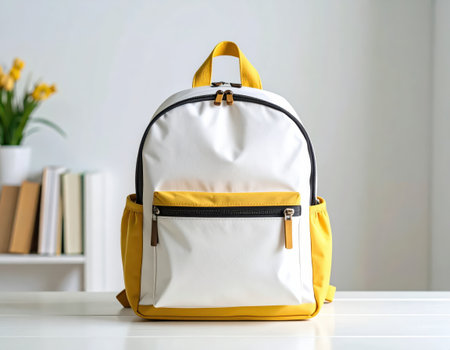 Yellow backpack on a white table in the room, back to school conceptの素材