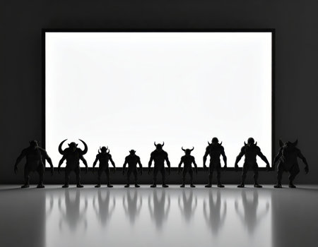 Silhouettes of people in front of a blank billboard. 3d renderingの素材