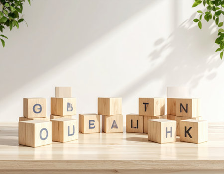 Wooden cubes with letters on the table against the background of the wallの素材
