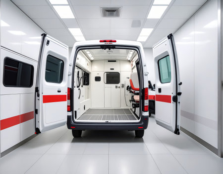 Ambulance car in the interior of a modern hospital. 3d renderingの素材
