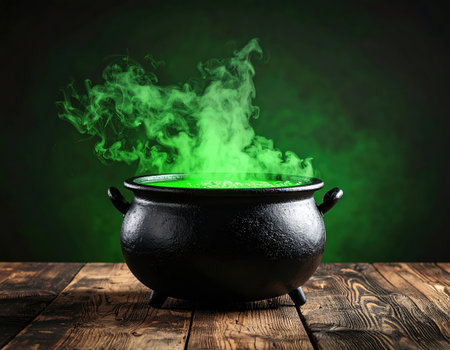 Halloween witch's cauldron with green potion over wooden table backgroundの素材