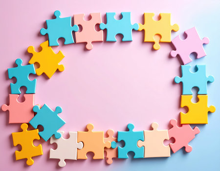 Colorful jigsaw puzzle pieces on pink background, 3d renderの素材