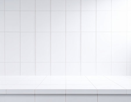 Empty white marble shelf in front of white tile wall. Mock up, 3D Renderingの素材