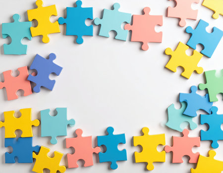 Colorful jigsaw puzzle pieces on white background. 3d renderingの素材