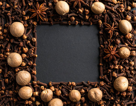 Frame made of spices on black background, top view, copy spaceの素材
