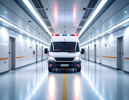 Ambulance in the underground parking lot. 3d rendering.の素材