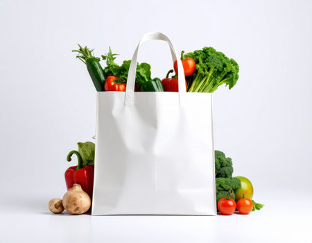 Shopping bag with fresh vegetables on white background. Healthy food conceptの素材