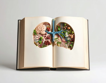 An open book with a picture of the internal organs of the human bodyの素材