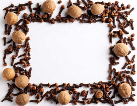 Frame made of spices on white background, top view. Space for textの素材