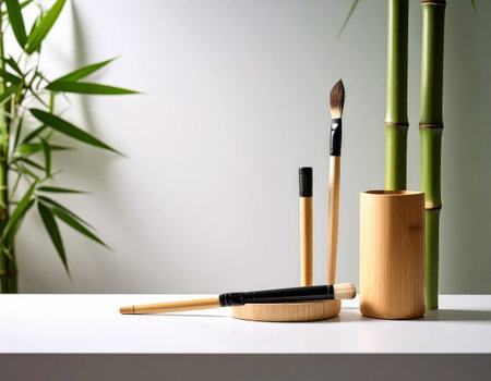 Makeup brushes on white table in front of green bamboo plant.の素材
