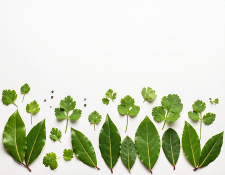 Fresh green laurel leaves on white background, top view. Space for textの素材
