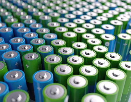 Batteries background. 3d illustration. Green and blue batteryの素材