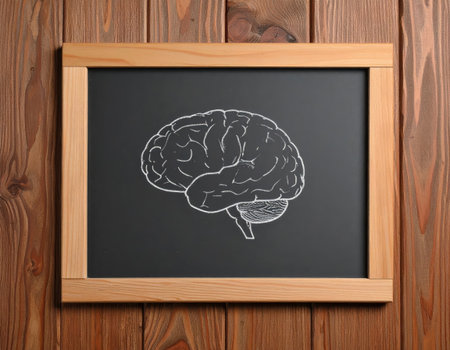 Blackboard with brain sketch on wooden background. Education and learning conceptの素材