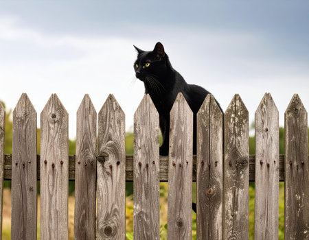 Black cat standing on a wooden fence in front of a blue skyの素材