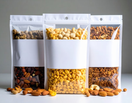 Mix of nuts in a plastic bag on a white background. Healthy food.の素材
