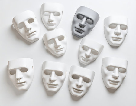 Theatre concept with the white masks on the white background. Isolatedの素材