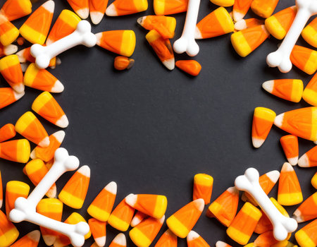 Halloween candy corn on black background. Top view with copy spaceの素材