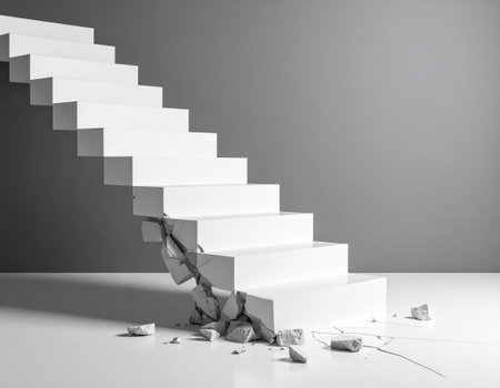 Staircase with pieces of white paper on a gray background.の素材