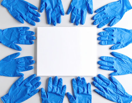 Set of blue rubber gloves and white sheet of paper on white backgroundの素材