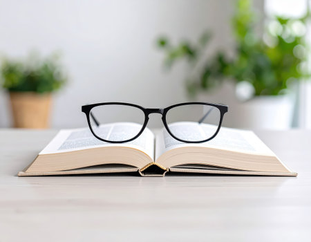 Glasses on an open book on a wooden table in the roomの素材