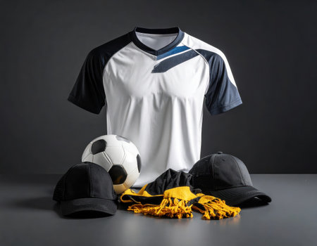 Soccer ball, helmet and t-shirt on a black backgroundの素材