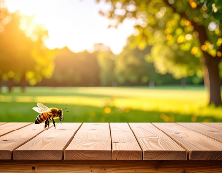 Honey bee flying on wooden table in park. Blurred backgroundの素材