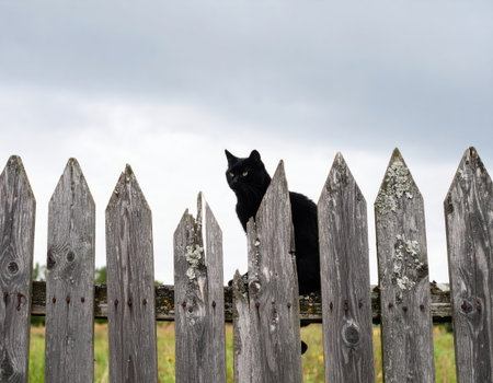 Black cat sitting on a wooden fence in the field, UK.の素材