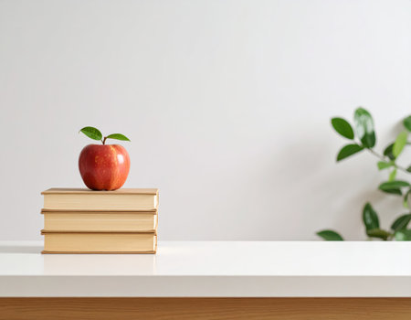 Stack of books and apple on table against white wall. Education conceptの素材