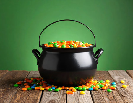 Cauldron with candies on table against green background. Halloween conceptの素材