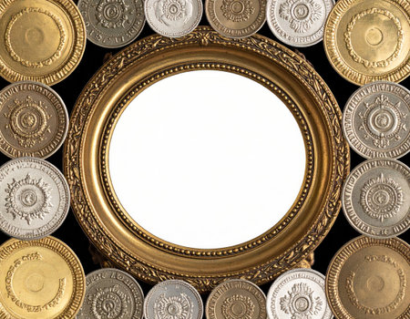 Round frame on a black background with gold, silver and bronze coinsの素材