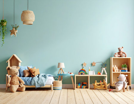 Mock up wall in children room interior. 3d render illustrationの素材