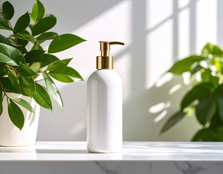 Cosmetic bottle on white marble table with green plant and sunlight.の素材