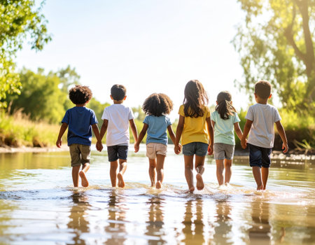 Group of children running in the river on a sunny summer day.の素材