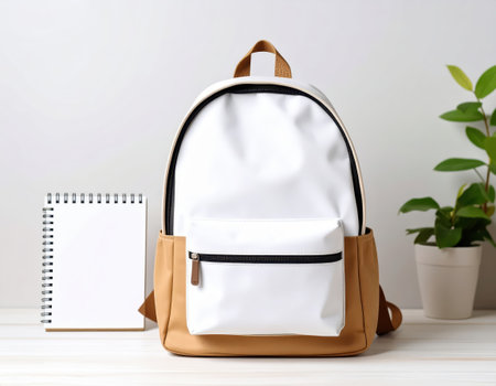School backpack and notebook on white background. Back to school concept.の素材