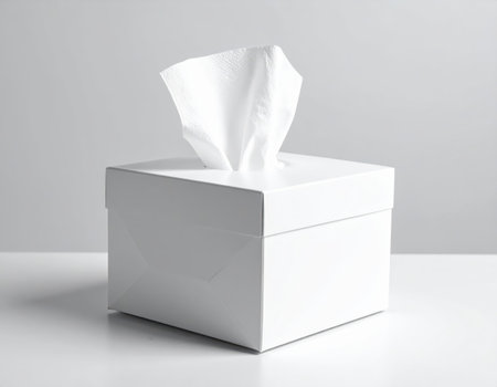 Crumpled paper tissues in a white box on a white tableの素材